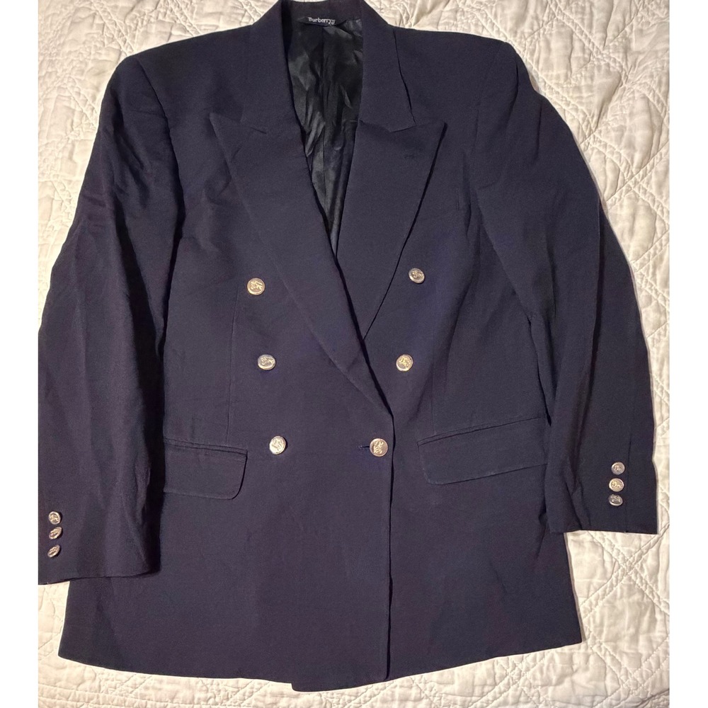 Burberrys Double Breasted Blazer Mens Navy Blue Gold Crest Button Vintage